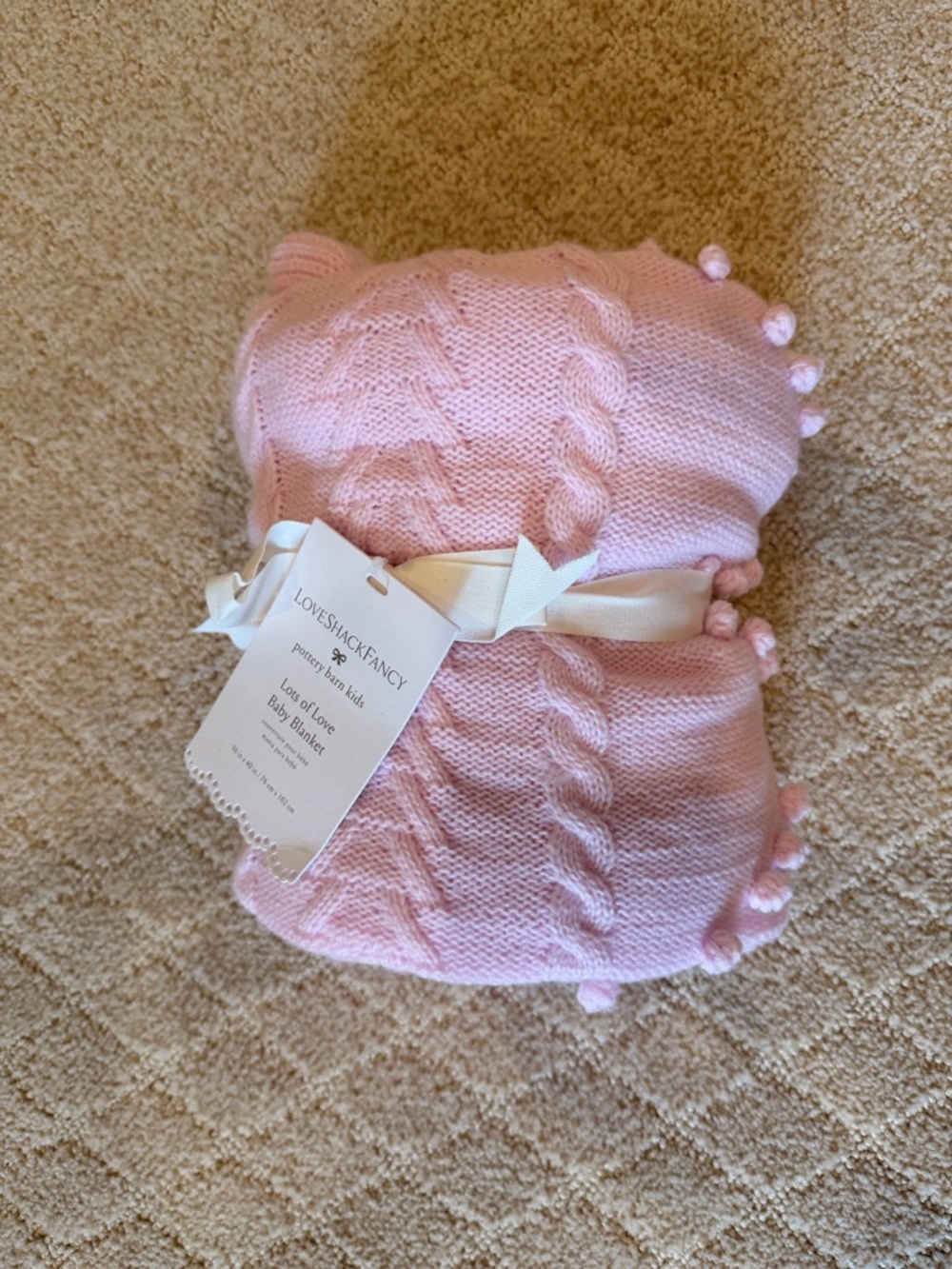 LoveShackFancy Pastel Pink Cable Knit Blanket with Pom Trim